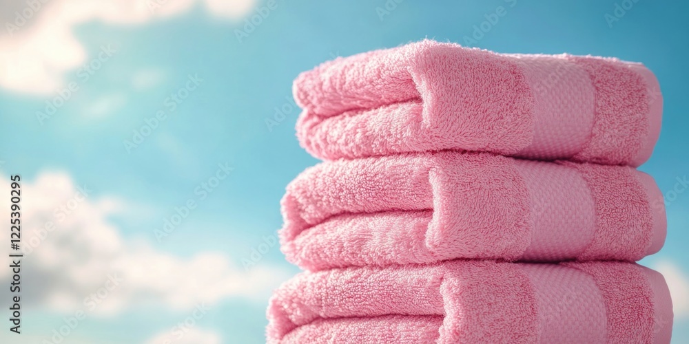 Poster elegant pink towels stacked neatly against a bright blue sky background with fluffy clouds providing