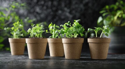Fototapeta premium Green Seedlings in Brown Biodegradable Pots on Dark Stone Surface with Soft Focused Green Plants in Background Representing Eco-Friendly Growth and Sustainability