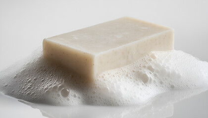 Naklejka premium Soap bar with foam on grayish blue background, top view