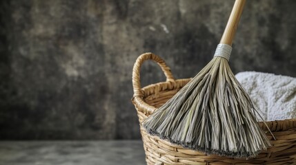 Dynamic cleaning tools in a rustic woven basket featuring a broom and soft cloth against a textured gray background showcasing efficient housekeeping.