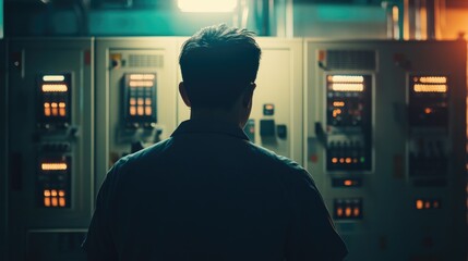 Electrical engineer inspecting voltage levels in a control room with power distribution cabinets. Dimly lit environment in Thailand, focused on maintenance.