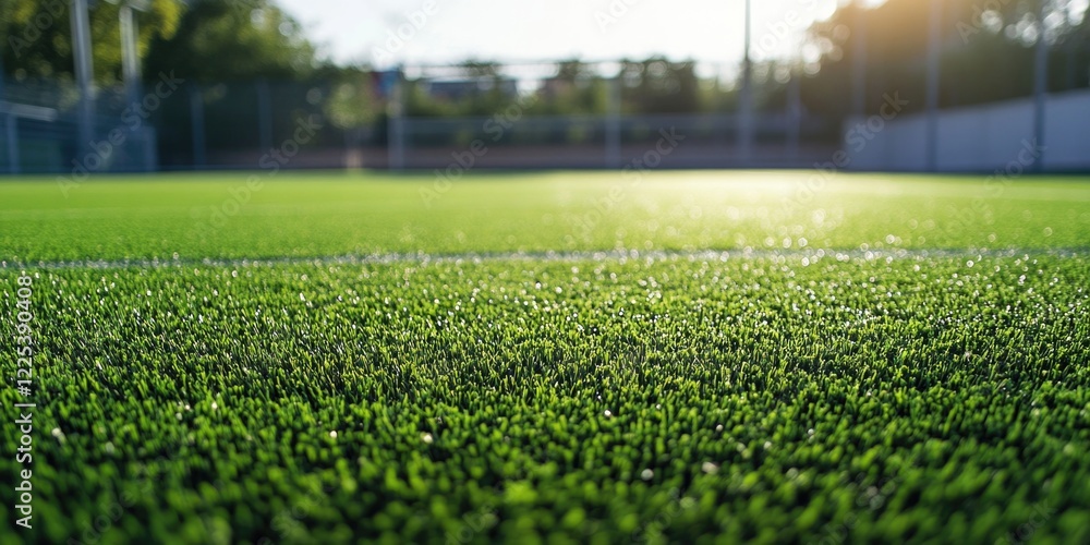 Poster lush green artificial turf of an empty soccer field under bright sunlight with open space for text a