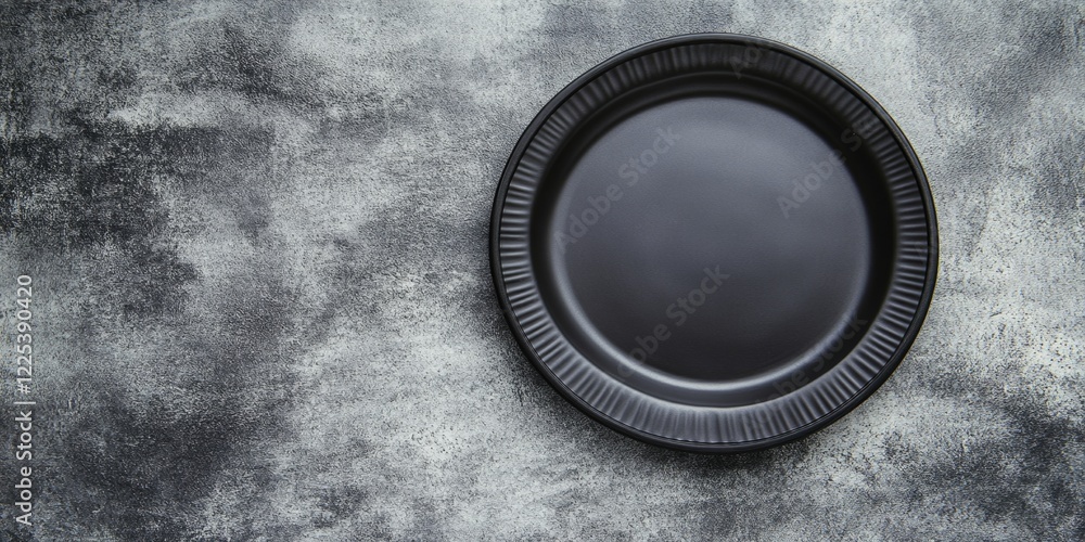 Poster stylish empty black ceramic plate positioned on a textured gray concrete surface with ample copy spa