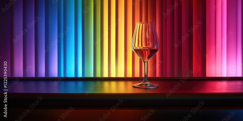 Poster elegant empty wine glass on wooden bar table against vibrant rainbow-colored backdrop with soft ligh