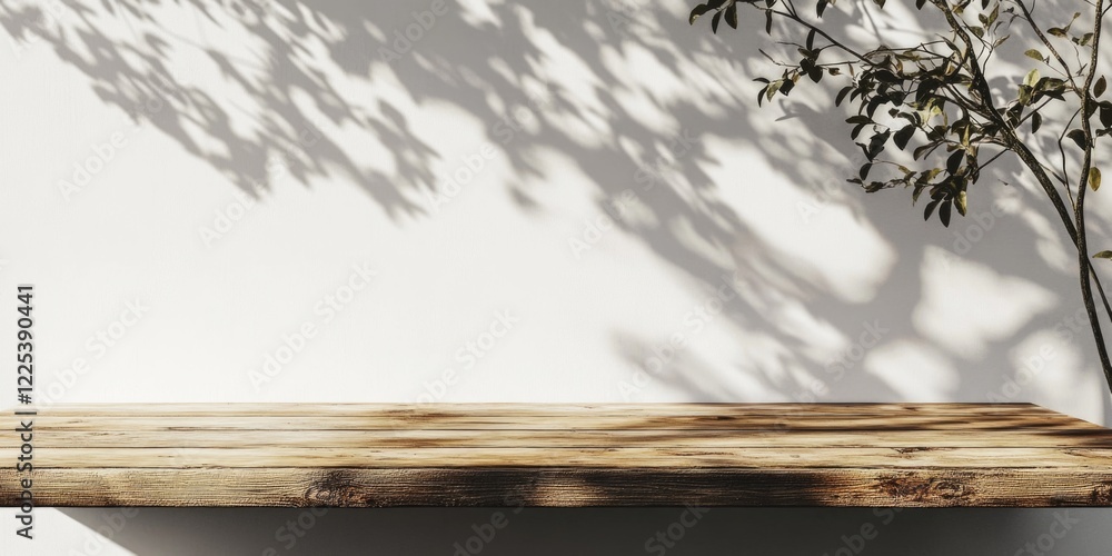 Poster natural light illuminated empty rustic wooden shelf with soft shadows on minimalist white wall and g