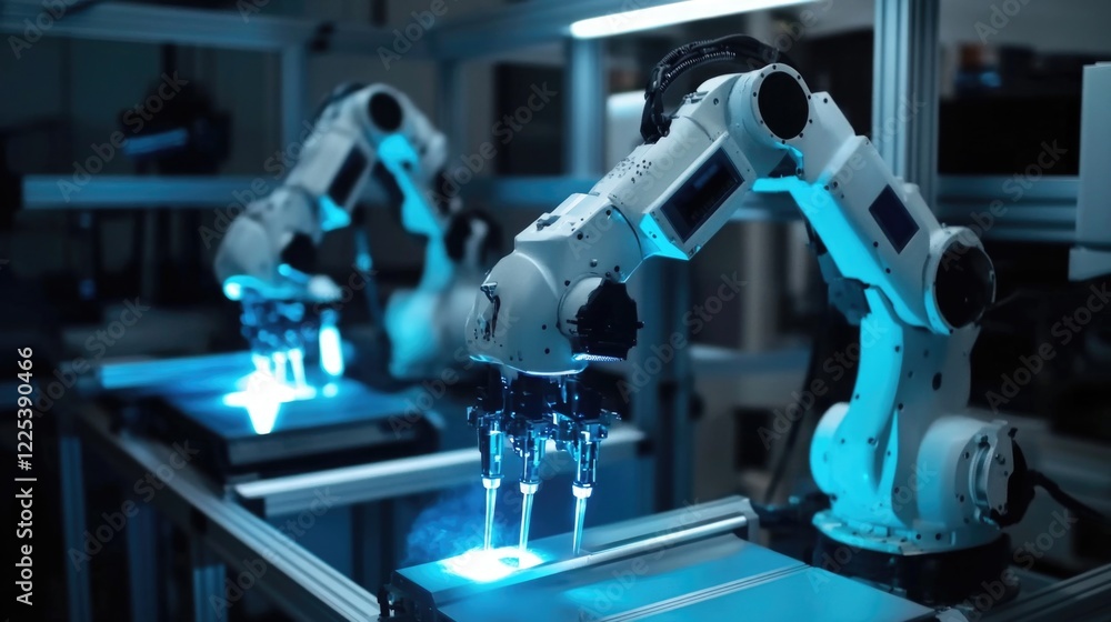 Poster industrial automation engineer monitoring high-tech robotic arms in intelligent factory with blue li