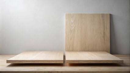Minimalist Wooden Platforms Against Light Wall for Product Display