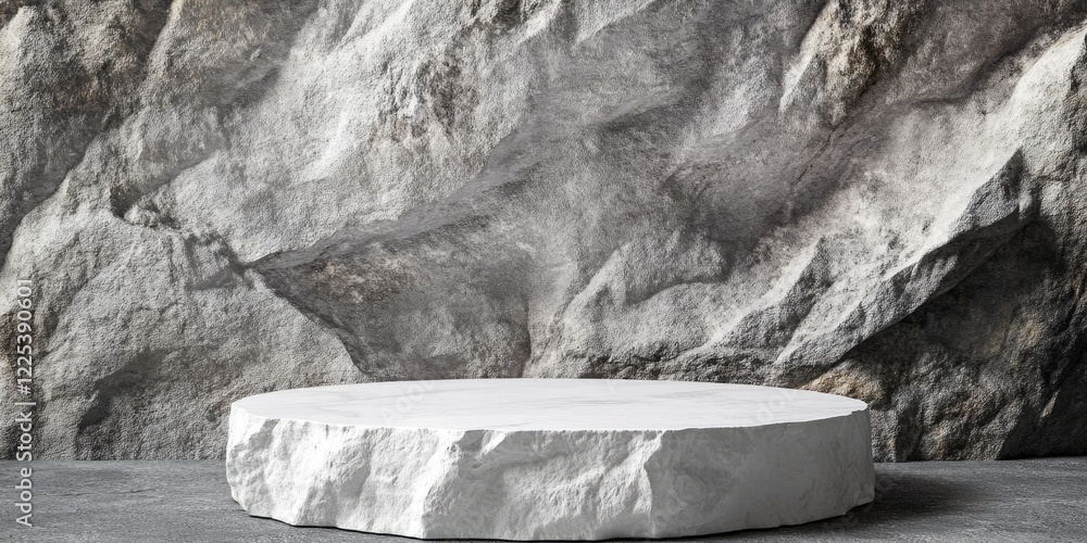 Poster white stone pedestal for product display on textured gray stone background with empty space for bran