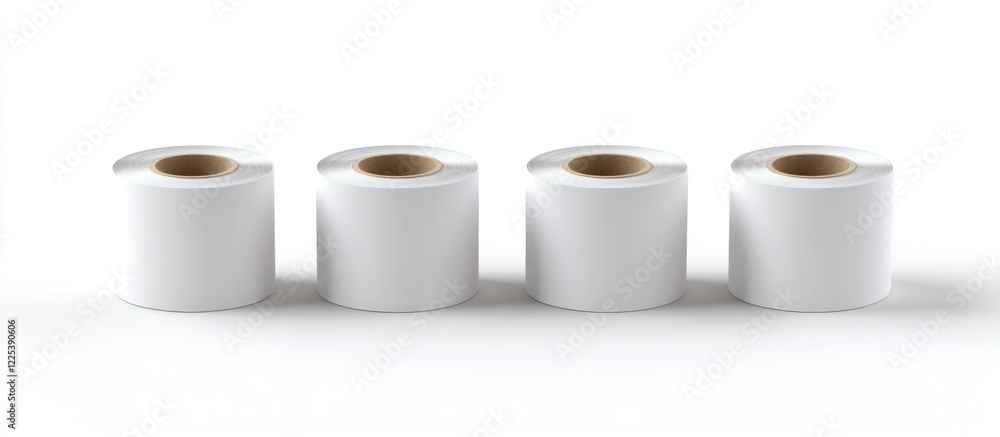 Poster four white rolls of blank labels on clean white background with copy space for text in minimalistic 