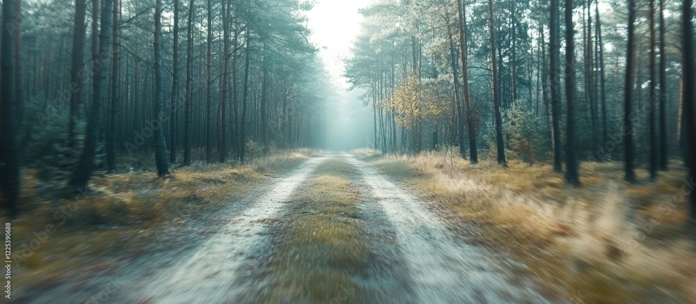 Poster scenic forest road with motion blurred green pines and golden grass creating a tranquil atmosphere a