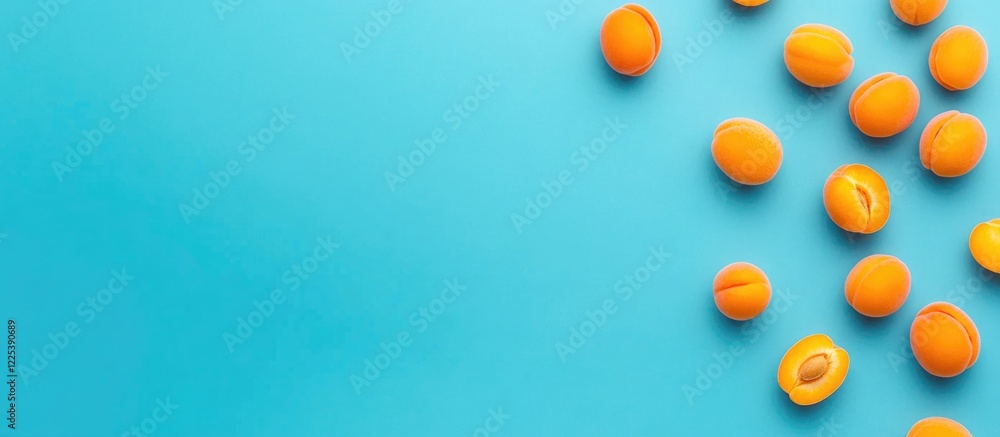 Poster fresh apricot fruits arranged in a flat lay composition on a vibrant blue background with ample empt
