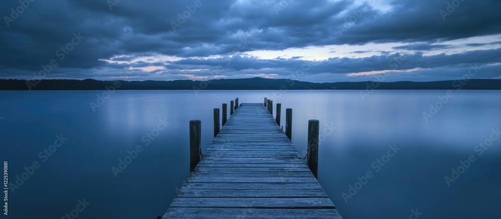 Poster full moon illuminating a wooden dock extending into tranquil water under dark stormy clouds with exp