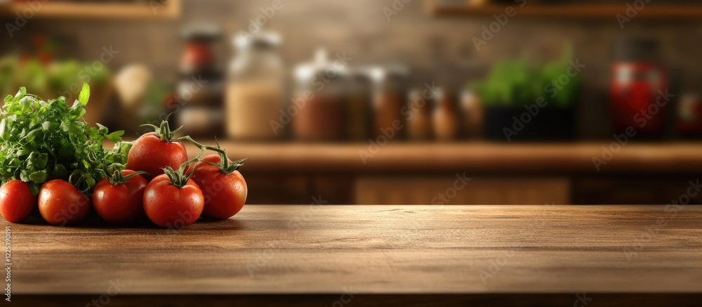 Aufkleber fresh red tomatoes with green leaves on rustic wooden table in cozy kitchen setting with blurred bac