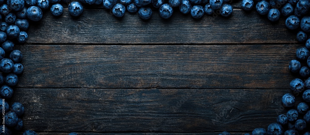 Poster fresh organic blueberries arranged on rustic dark wooden table with empty space for text background 