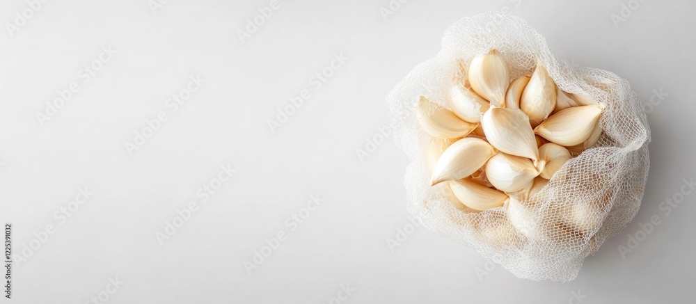 Aufkleber fresh white garlic bulbs in a mesh bag on a light grey background with ample negative space for culi