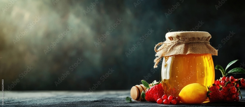 Poster golden honey jar surrounded by fresh fruits like lemon and berries on a rustic wooden surface with d
