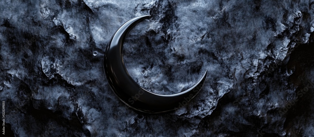 Aufkleber glossy black obsidian surface with a sleek crescent moon symbolizing deep darkness and emptiness, su