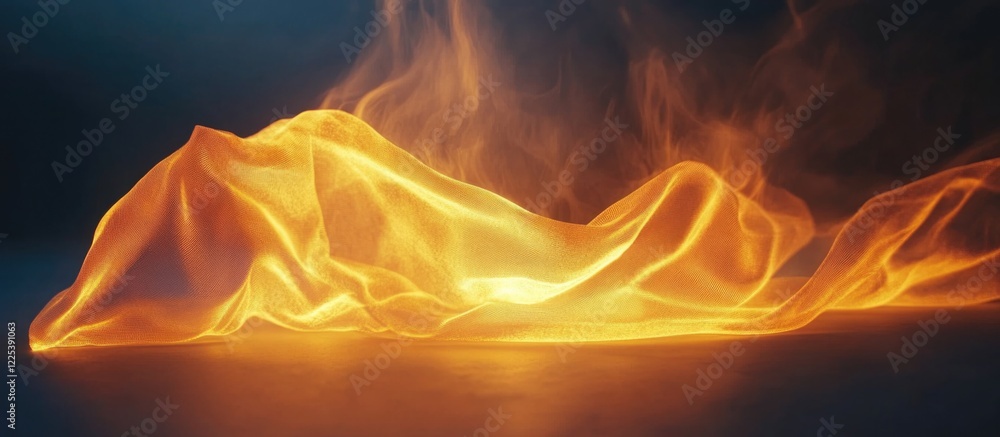 Poster soft glowing orange artificial fabric flowing elegantly on a dark backdrop with empty negative space
