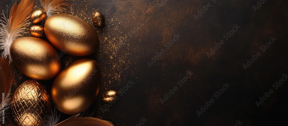 Poster golden and bronze easter eggs adorned with delicate feathers arranged in a flat lay composition on a