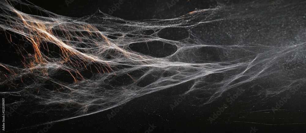 Poster delicate gossamer spiderweb with intricate patterns illuminated by soft natural light on a black bac