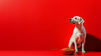 minimalist dog sitting beside bowl of kibble on red