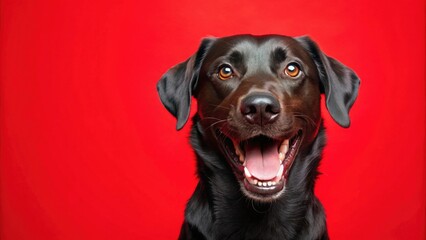 Fototapeta premium Happy black dog portrait against vibrant red background