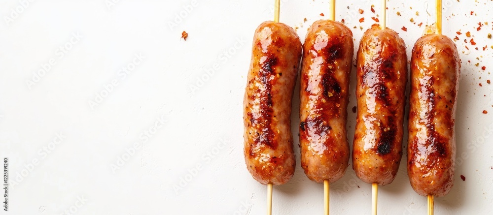 Poster grilled spicy sausages on skewers in closeup on white background with empty space for text culinary 
