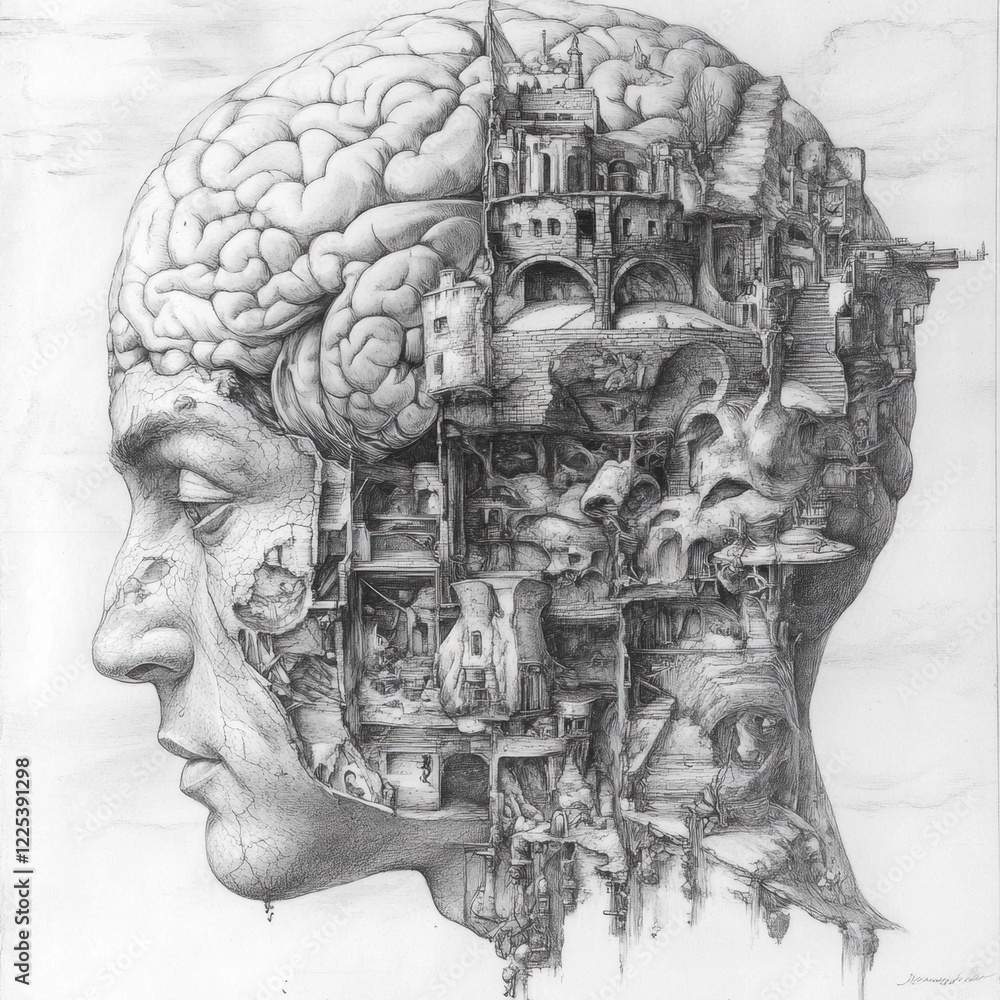 Poster intricate architecture and human thought blend in a surreal representation of the mind's inner worki