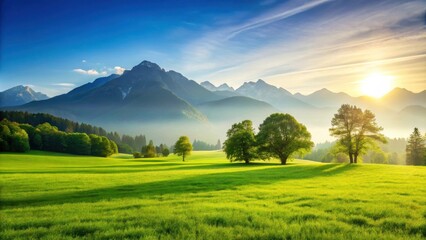Fototapeta premium Serene Sunrise Over Lush Green Meadow and Majestic Mountains