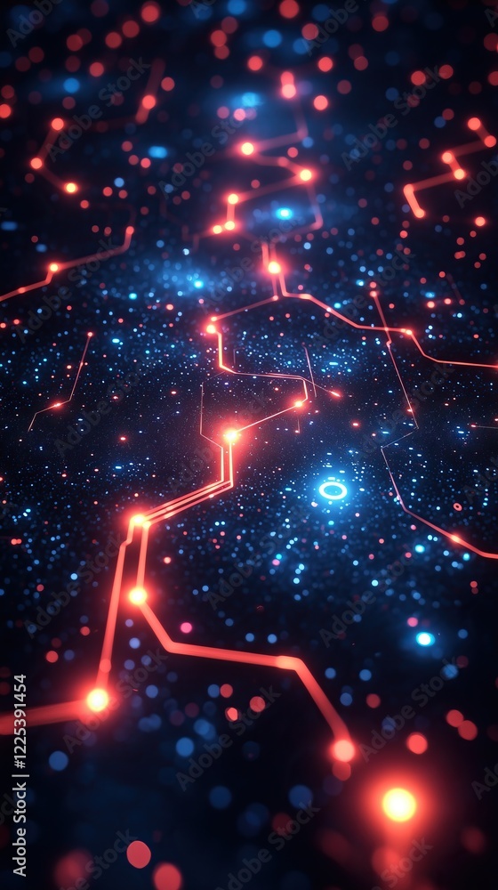 Poster glowing network pathways illuminate dark abstract digital space resembling futuristic circuit board