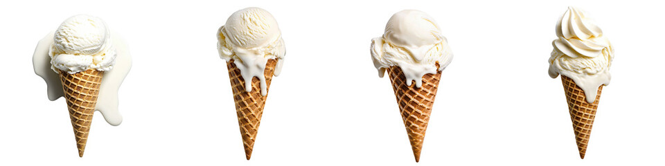 Waffle cone with vanilla ice cream spreading out isolated on transparent background