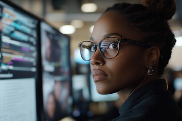Focused programmer reviewing code on multiple monitors concentration and dedication to software development