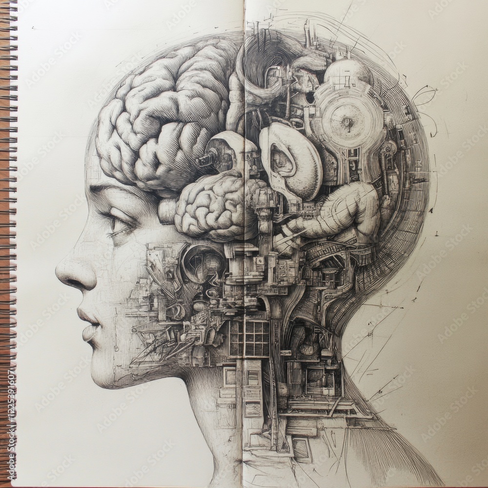 Aufkleber intricate illustration of a human brain blending with mechanical concepts in a detailed artistic ren