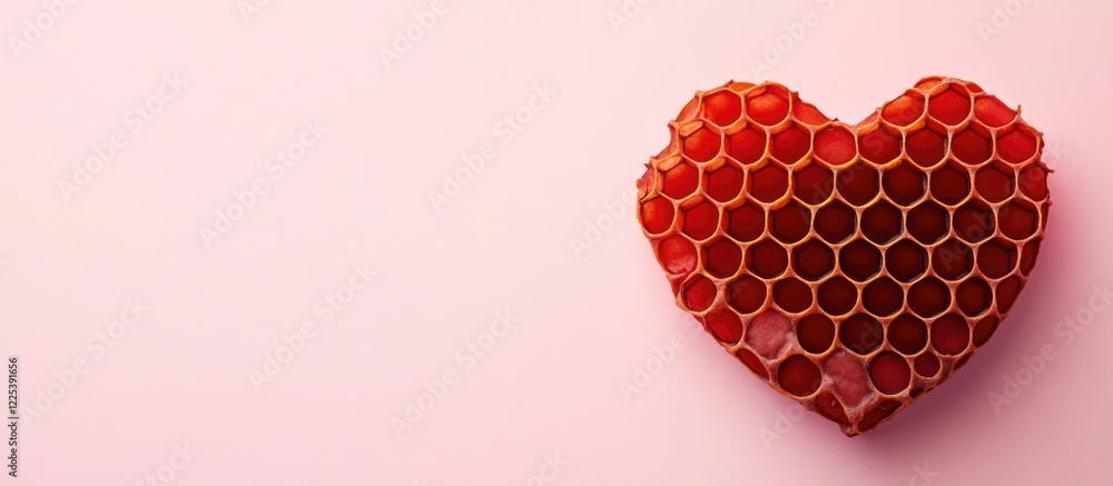 Poster heart shaped red honeycomb on soft pink background with minimalist aesthetic and ample copy space fo