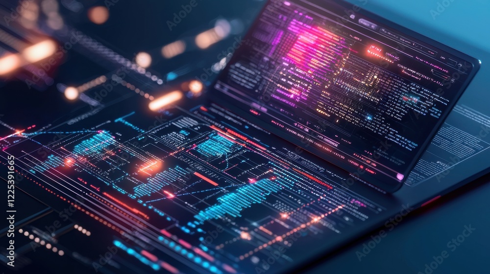 Poster futuristic digital landscape with glowing neon circuits and abstract data visualization