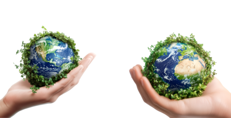 Hand holding earth wrapped in green vines isolated on a transparent background