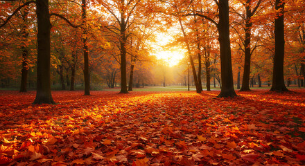 Golden Autumn Sunset in a Park, Vibrant Fall Foliage Landscape