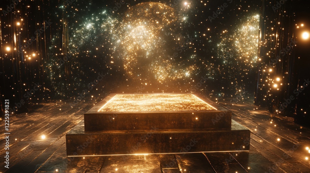 Poster golden platform underneath a sparkling celestial display