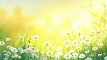 Fototapeta premium The lacy white flowers of common yarrow bask in warm sunlight, framed by lush green grass, creating a serene summer banner with room for creative content. 
