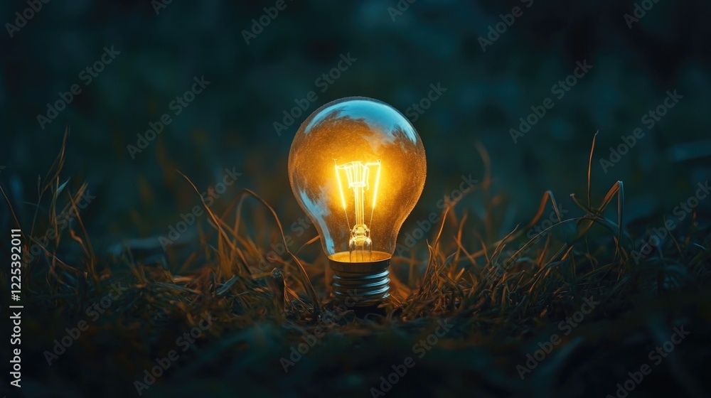 Poster glowing light bulb on grass at dusk representing innovative ideas and business concepts with a soft 
