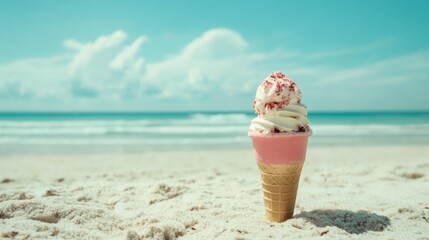 colorful ice cream cone with swirls of pink and white placed on sandy beach under bright blue sky with fluffy clouds and ocean in background