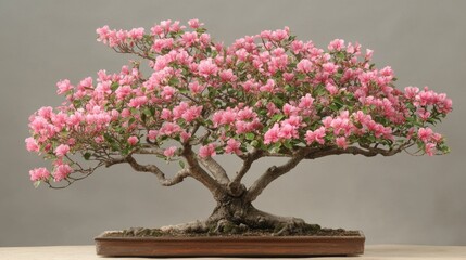 Flowering Indian Crape Myrtle Plant with Pink Blossoms and Intricate Branch Structure against Soft Gray Background