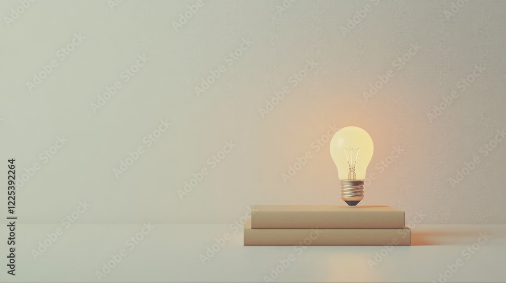 Poster illuminated light bulb resting on stack of neutral-toned books against soft gray background creating
