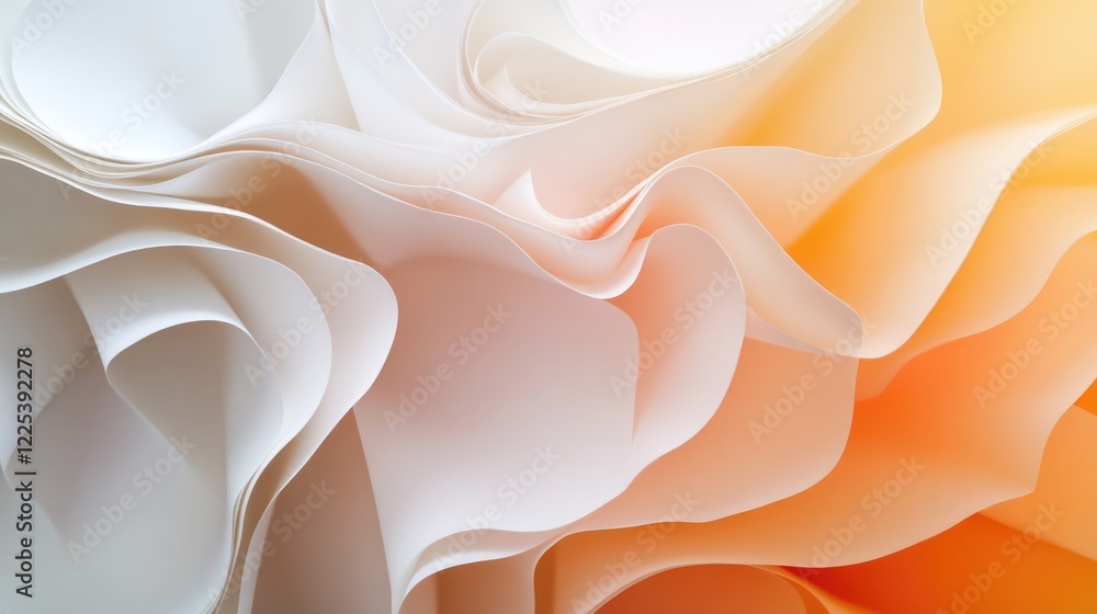Poster pastel orange and white folded paper texture background with layered waves creating a minimal design