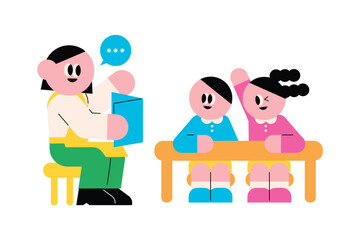 Teacher Reading to Students. Kindergarten education. A student who actively participates in class.