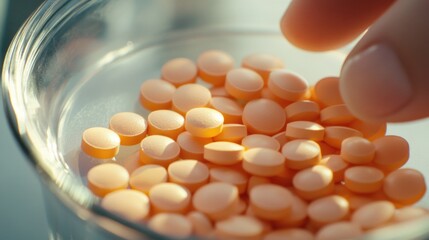 Low Angle View of Pink Medical Pills and Capsules in a Glass Bowl with a Hand Reaching for a Pill in Soft Natural Light Background