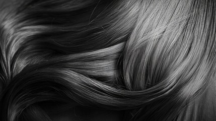 Naklejka premium Closeup of flowing long black hair of a young woman captured in soft natural light showcasing smooth texture and rich shine.