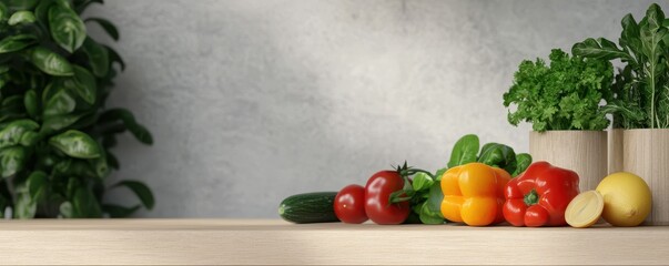 Fresh vegetables and herbs are displayed on a wooden countertop, creating a vibrant, healthy kitchen atmosphere.