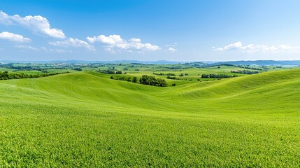 Fototapeta premium Rolling green hills stretch across a rural landscape under a bright blue sky with scattered white clouds.