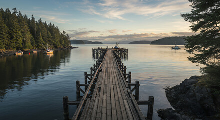 Obraz premium Serene Sunset over Pacific Northwest Wooden Pier with Boats